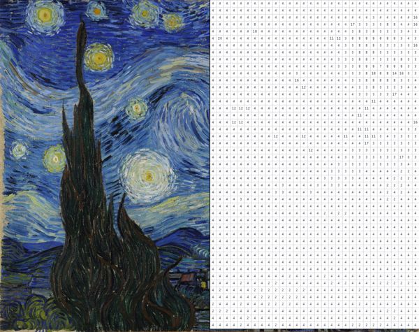 A photograph turned into a numbered paint-by-number grid